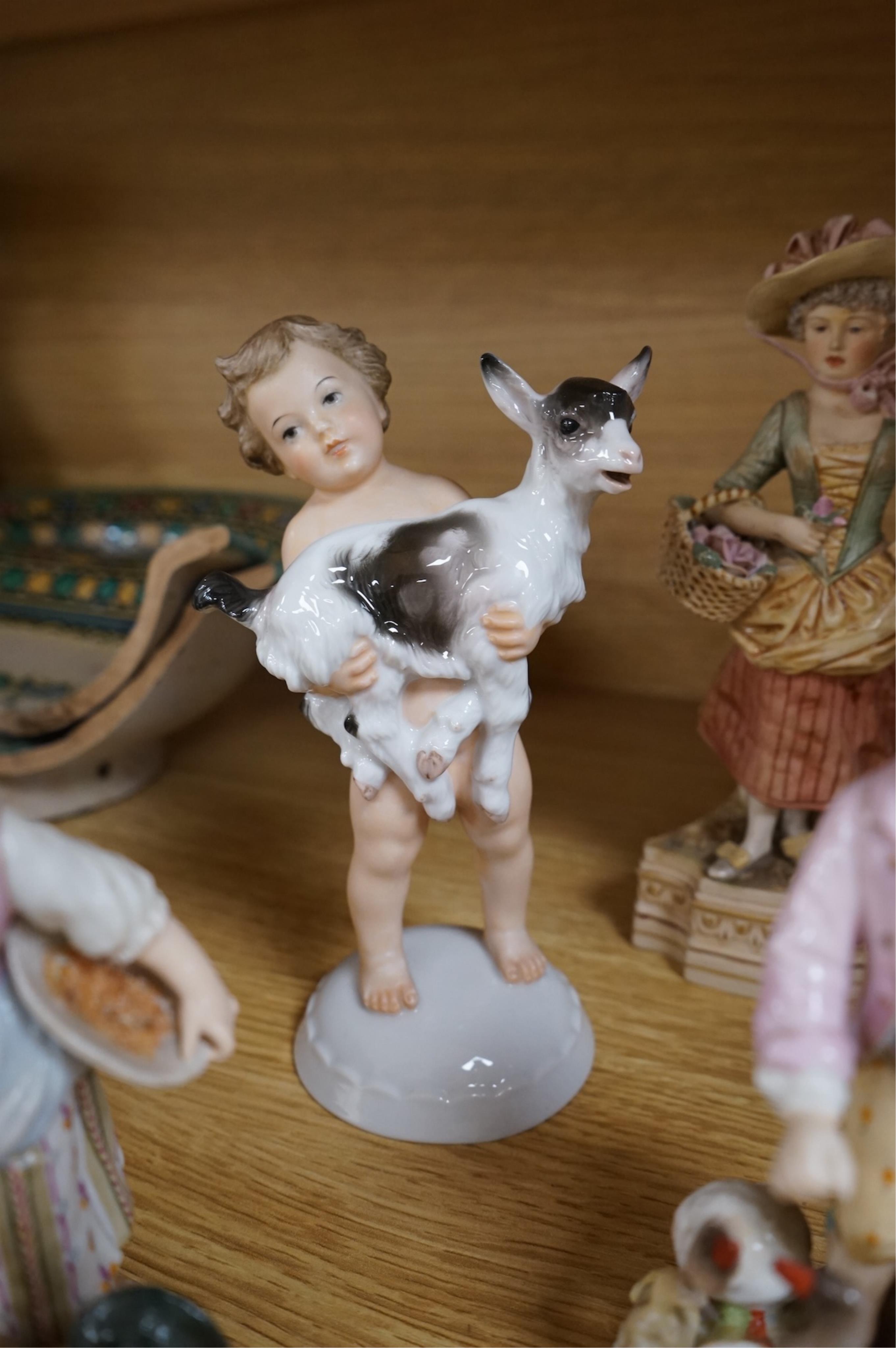 Late 19th century figure groups, including a pair of Samson dancing figures, pair of figures with chicken, pair of Royal Dux Rosenthal and another pair (9), tallest 25cm